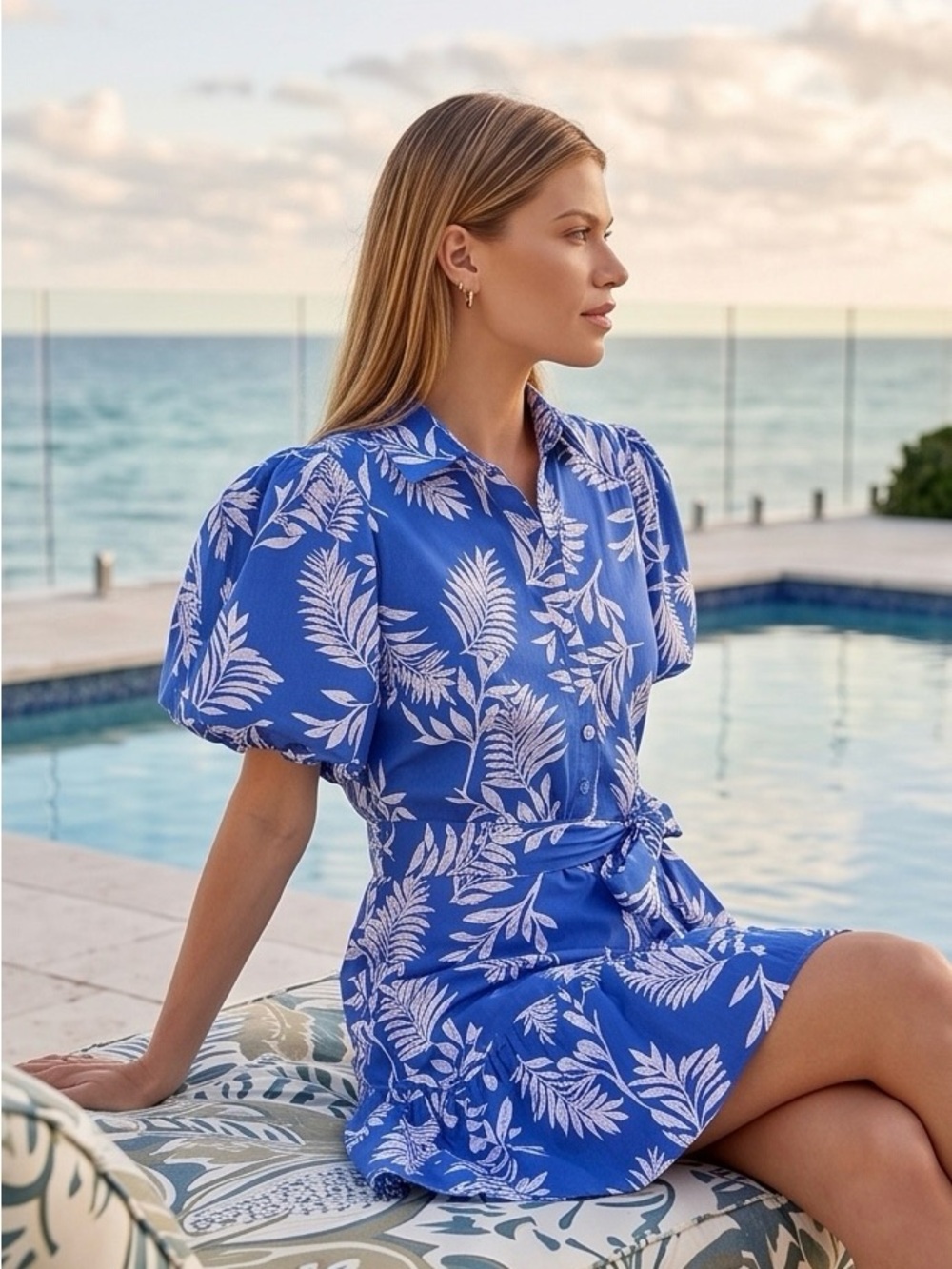 ✨ Sugarlips Blue Tropical Palm Print Puff Sleeve Mini Shirt Dress  size S ✨